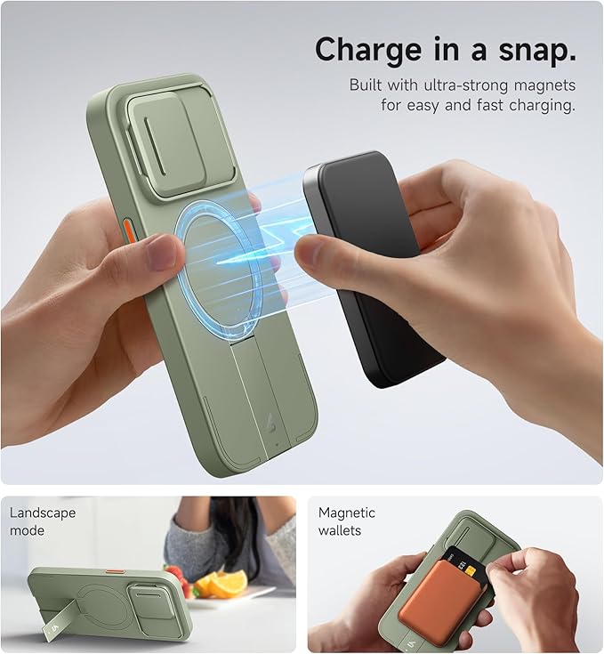 SURITCH for iPhone 14 Pro Case with Magnetic Camera Slide Cover and Adjustable Kickstand, Compatible with MagSafe, Shockproof Bumper Case Slim Protective Cover for iPhone 14 Pro 6.1 Inch, Green