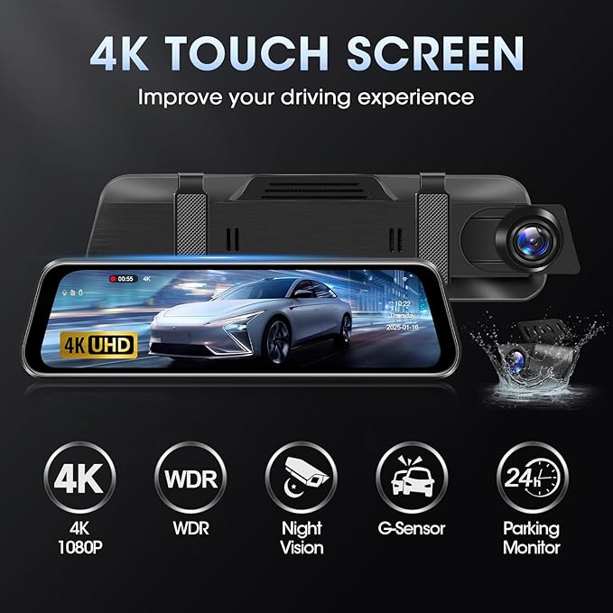 4K WiFi Rear View Mirror Camera 10’’ Mirror Dash Cam Front and Rear w Super Night Vision Dash Cam Mirror w 64G TF Card WiFi App Loop Recording G Sensor Waterproof Reversing Camera