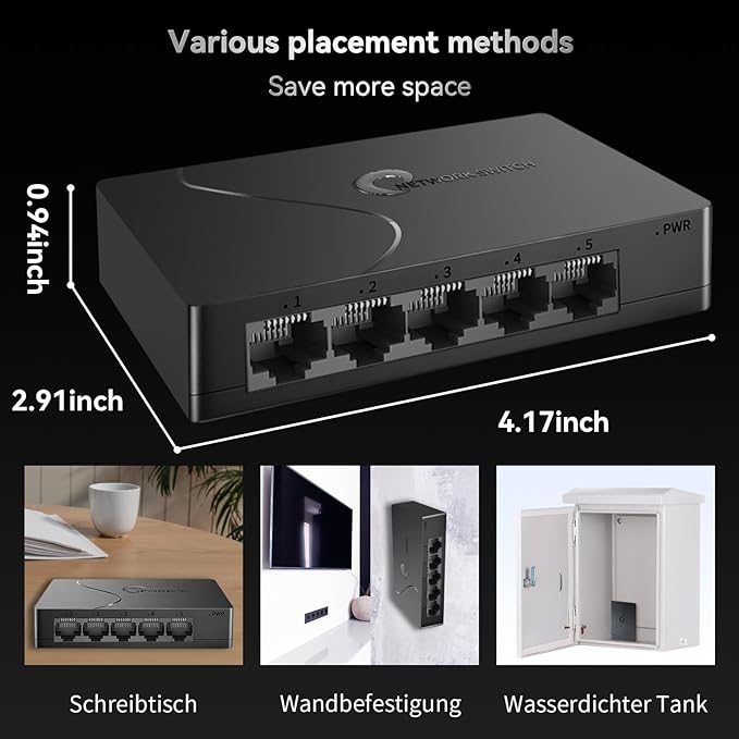 5 Port Easy Smart Managed Ethernet Switch Gigabit Switch, Network Hub, Ethernet Splitter, Plug & Play, VLAN, Qos, Desktop or Wall Mount