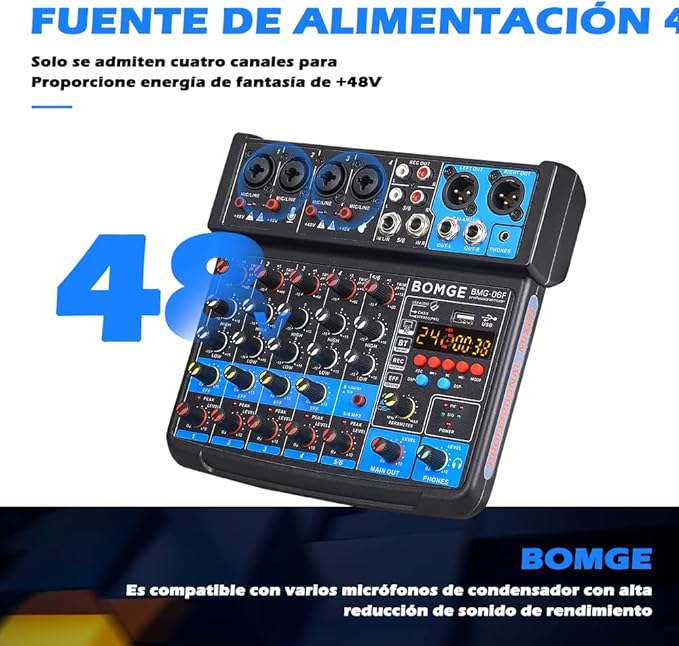 BOMGE 6 Channel mini DJ Audio sound mixer console with USB interface, Bluetooth, Stereo Recording, 48V Phantom Power, 24 DSP effects for karaoke, singing, live，streaming，pc recroding. (black)