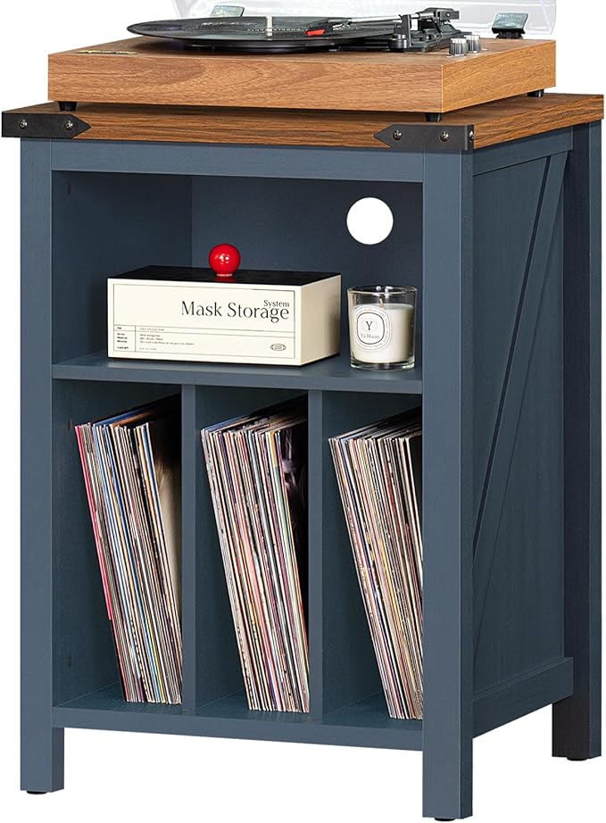 Record Player Stand with Vinyl Record Storage,Navy Blue Record Player Table Holds up to 160 Albums,Large Wood Turntable Stand Cabinet Dispaly Shelf for Living Room,Bedroom,Office