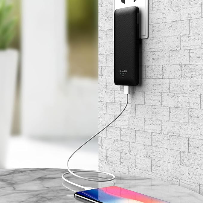 Q 10000mAh Power Bank, Slim Portable Charger,4 Output External Battery Pack with Built-in AC Wall Plug Micro USB C 3 Cables Compatible with iPhone Samsung Android Phone Tablet and More