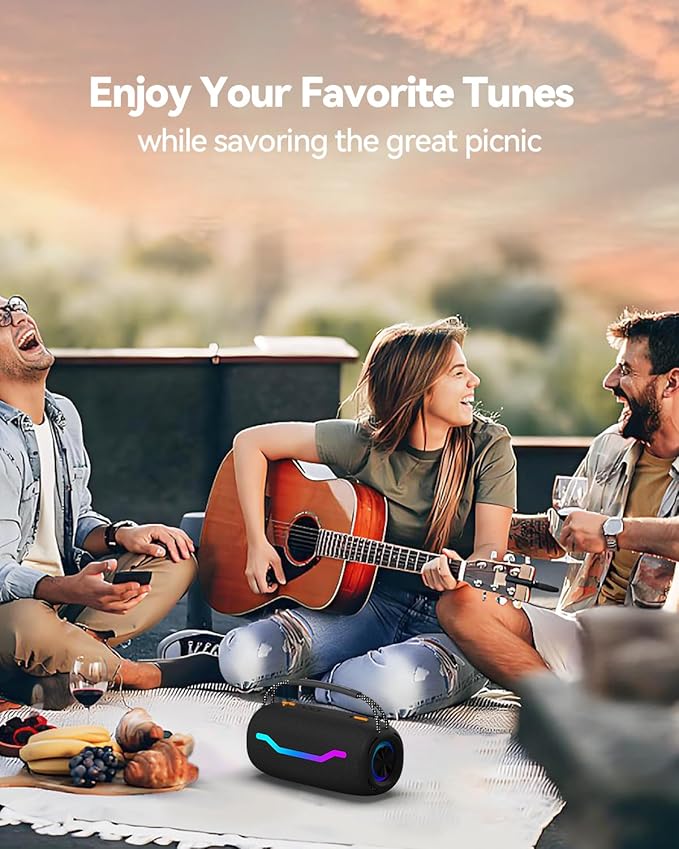Portable Bluetooth Speaker with Light, Loud Sound and Deep Bass, IPX6 Waterproof, Up to 18H Playtime, TWS Pairing, Support Bluetooth/AUX/USB/TF Card for Home, Party, Outdoor and Travel (Black)