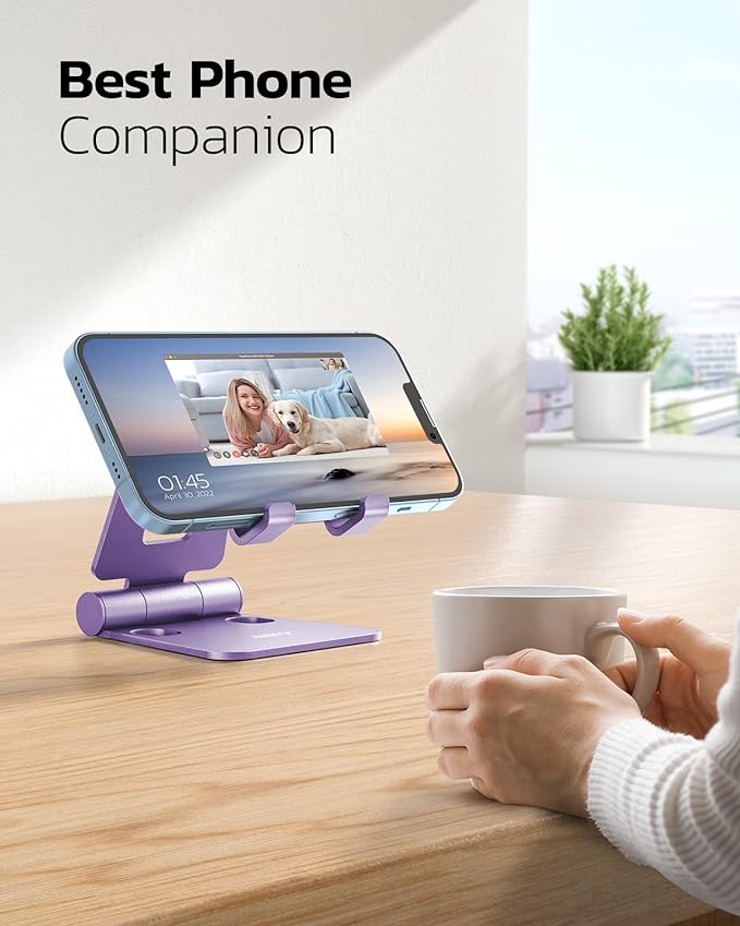 Nulaxy Dual Folding Cell Phone Stand, Fully Adjustable Foldable Desktop Phone Holder Cradle Dock Compatible with iPhone 17 16 15 14 13 12 11 Pro Max Xs Xr X 8, Nintendo Switch, All Phones - Purple