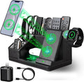 Black Leather Desk Organizer With Charging Station,Office Supplies Desk Accessories,Pen Holder for Desk,Remote Control Holder,Desk Organizer With Phone Charger,Nightstand Desktop Organizer