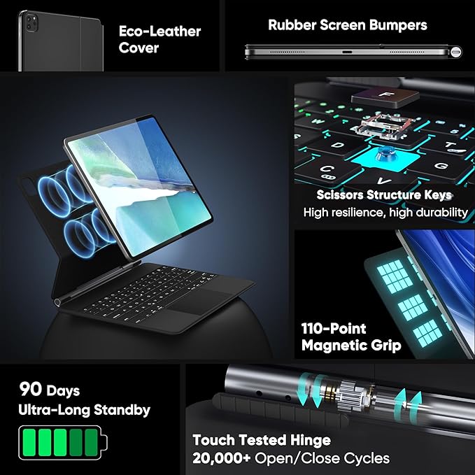 doqo Keyboard case for iPad Air 13 (M2) 2024/ (M3) 2025 and iPad Pro 12.9(6th,5th,4th,3rd Gen), Magic Keyboard case with Multi-Touch Trackpad Slim 7 Colors Backlit Black