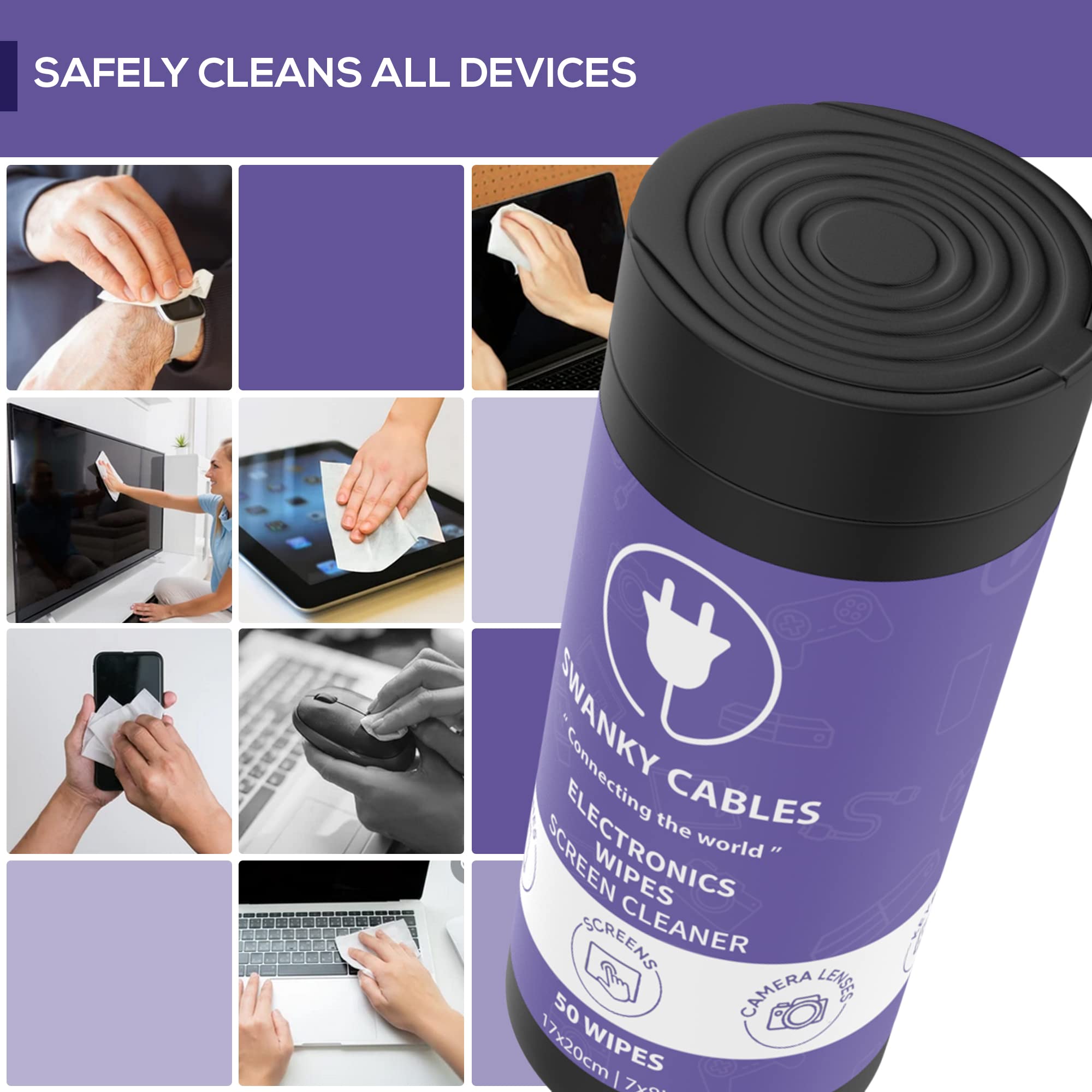 Swanky Cables Electronic Cleaning Wipes - Computer, TV, Monitor, Phone, Laptop, Tablet, Keyboard, Camera & Lens Cleaner, Portable Tech Screen Cleaner - With Microfiber Cloth - Canister, 150 Count