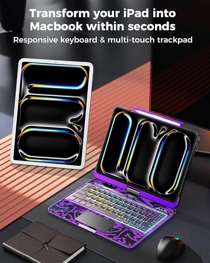 SIBEITU Keyboard Case for iPad Pro 11 Inch (M5 2025 / M4 2024), 360 Rotatable iPad Pro 11 Clear Cover with Multi-Touch Trackpad, 7-Color Backlight & 3 Brightness, High-Tech Visible PCB Design, Purple
