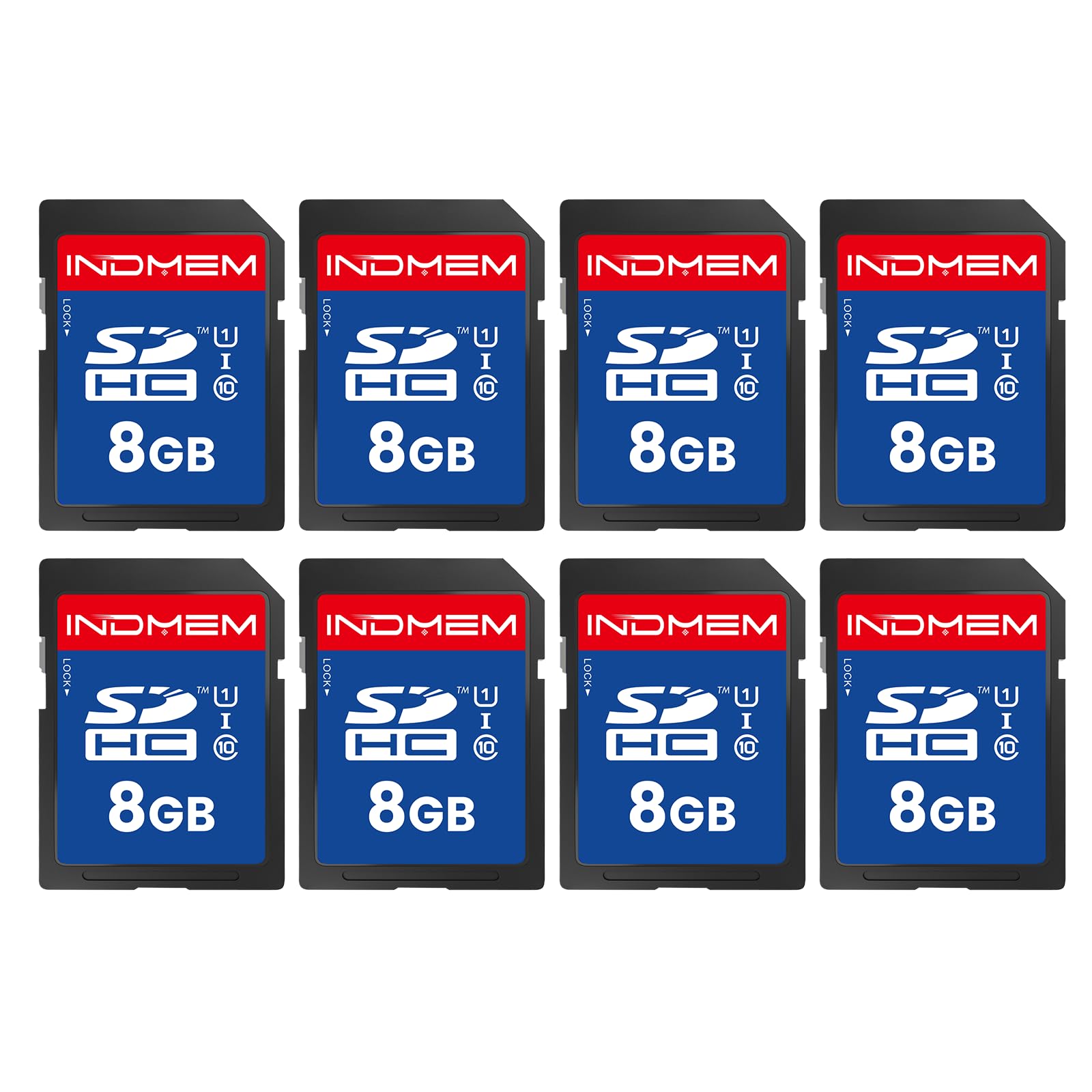 INDMEM SD Card 8GB, 8 Packs Class 10 8GB Flash Memory Card MLC Standard Secure Digital Cards Camera Card