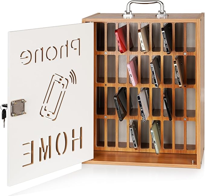 Cell Phone Holder Classroom 36 Slots Wooden Cell Phone Storage Cabinet Pocket Chart with Handle and Security Lock for Classroom Office (36 Grid Cabinet Cherry)