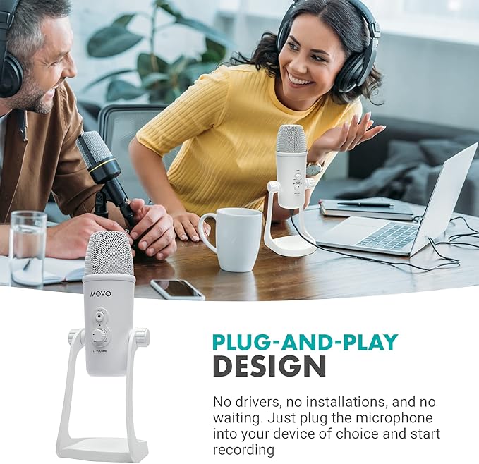 Movo UM700W White Desktop USB Microphone for Computer - Studio Mic with 4 Pickup Patterns - USB Gaming Microphone for PC, Mac, and Android - Best Mic for Podcast Recording and Streaming Setup