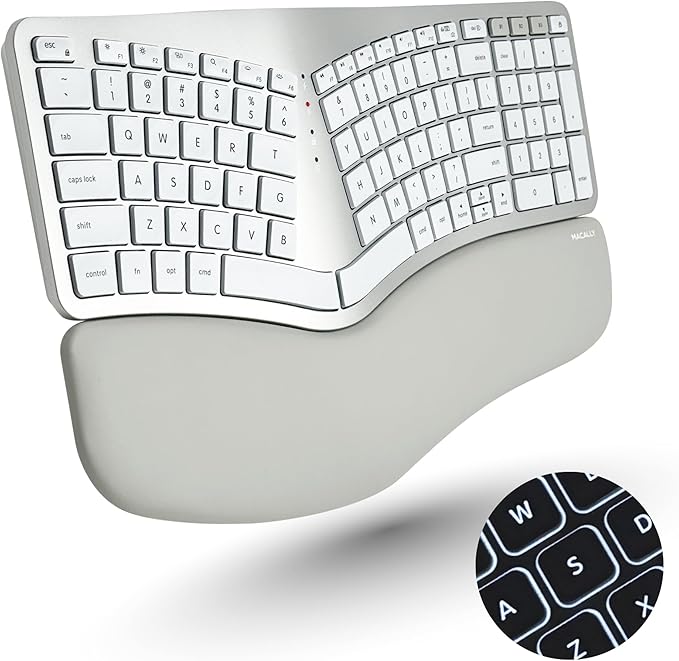 Macally Bluetooth Ergonomic Keyboard, Wireless Split Keyboard, Carpal Tunnel Comfort, Ergo Rechargeable Split Wrist Key Board - Backlit Apple 100 Key Layout for MacBook Pro/Air, iMac