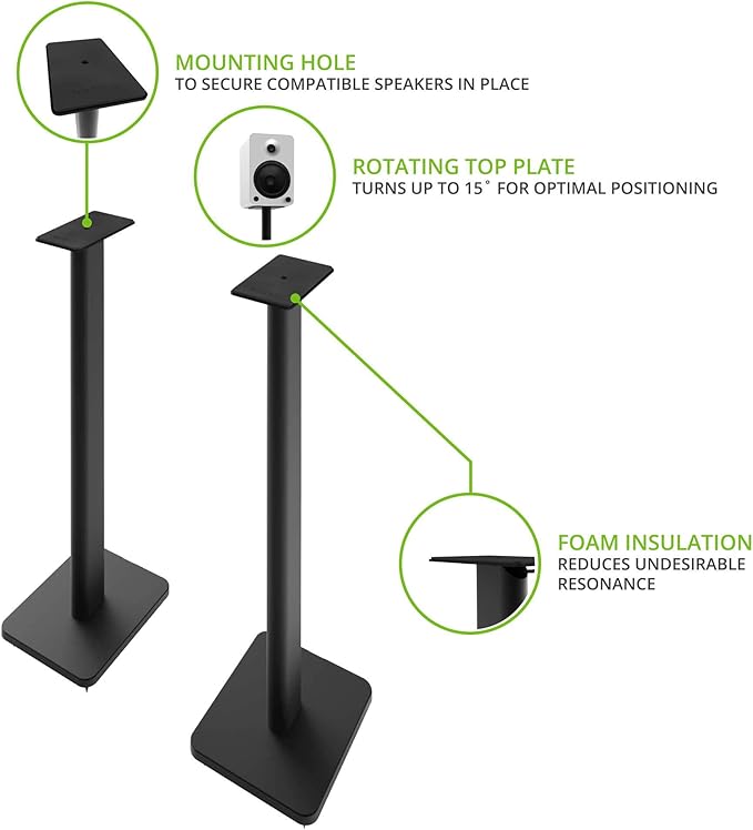Kanto SP26PL Black Metal Speaker Stand (26 inches) - Universal Fit, Hidden Cables, Rotating Top Plate, Carpet & Hardwood Feet, ¼’-20 Mounting, Pair