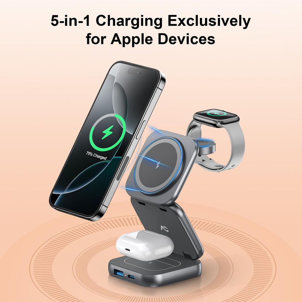5-in-1 Wireless Charger for MagSafe, AC ISLAND Portable Travel Charging Station, 35W Max Qi2 Fast Foldable Magnetic Stand, Evolved for iPhone 17-12 Series, Apple Watch, AirPods (with 35W Adapter)