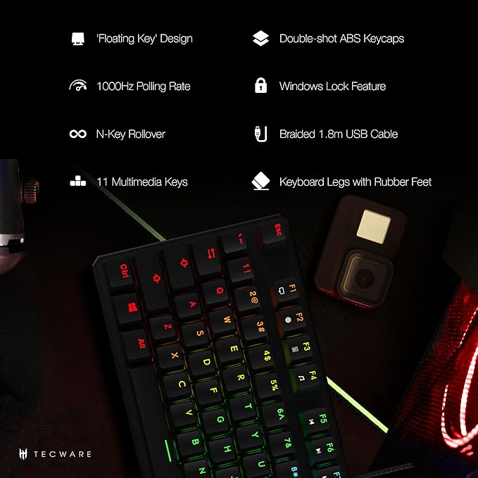 TECWARE Phantom 87 Key Mechanical Keyboard, RGB led, Outemu RED Switch