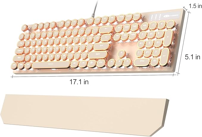 MageGee Typewriter Mechanical Gaming Keyboard, Retro Punk Creamy Round Keycaps, 104 Keys LED White Backlit Wired Keyboards for Laptop MAC PC Gamer, with Magnetic Wrist Rest, Blue Switch