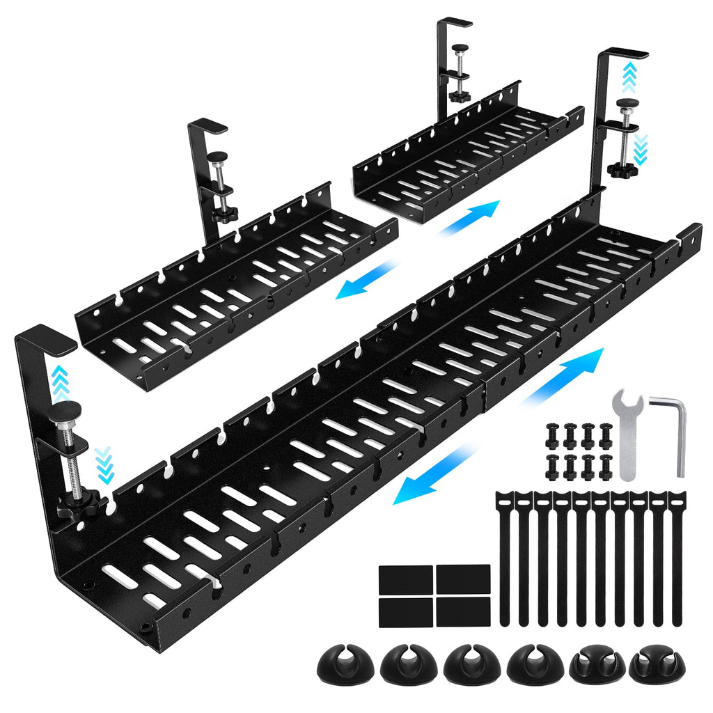 Shikha Under Desk Cable Tray, 15.7"-30.7" Retractable Under Desk Cable Management, No Drilling Cord Organizer with Clamp, Wire Management for Home Office -Black