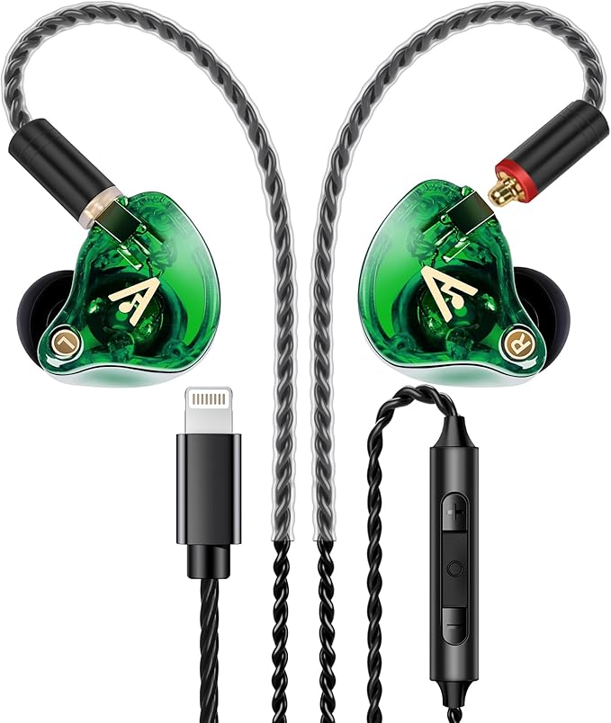 Vibes 202ML Wired Earbuds - HiFi in Ear Headphones - Noise-Isolating Ear Buds w/ Mic - Clear Sound, Deep Bass, Comfort-Fit Earphones - MMCX–Lightning for iPhone 5–14, Silver Plated Cord, Carrying Case