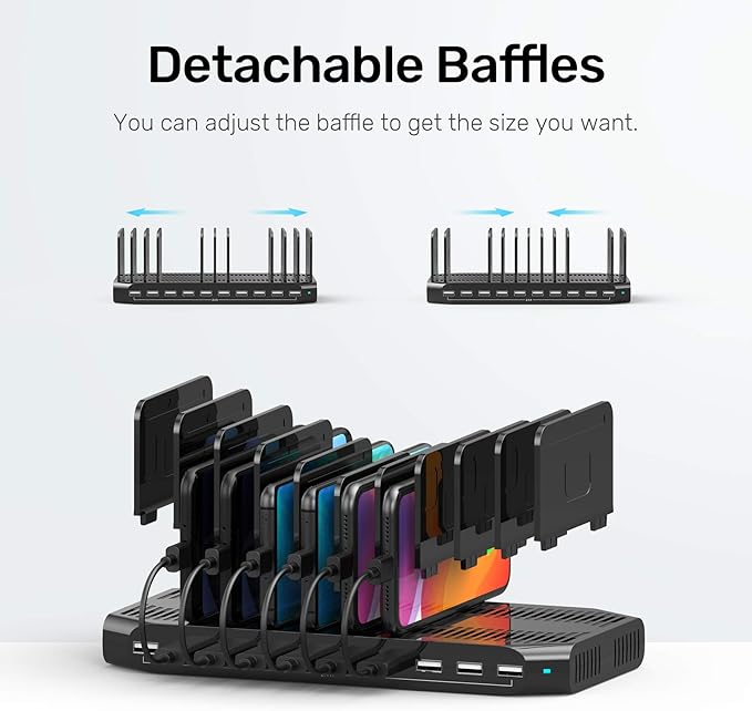 【10PCS】 Unitek Multi Charging Station, 10-Port USB Charger for Multiple Device with SmartIC Tech and Adjustable Dividers, Organizer Stand Compatible with iPad, Tablet, Kindle, iPhone - 10PCS, White