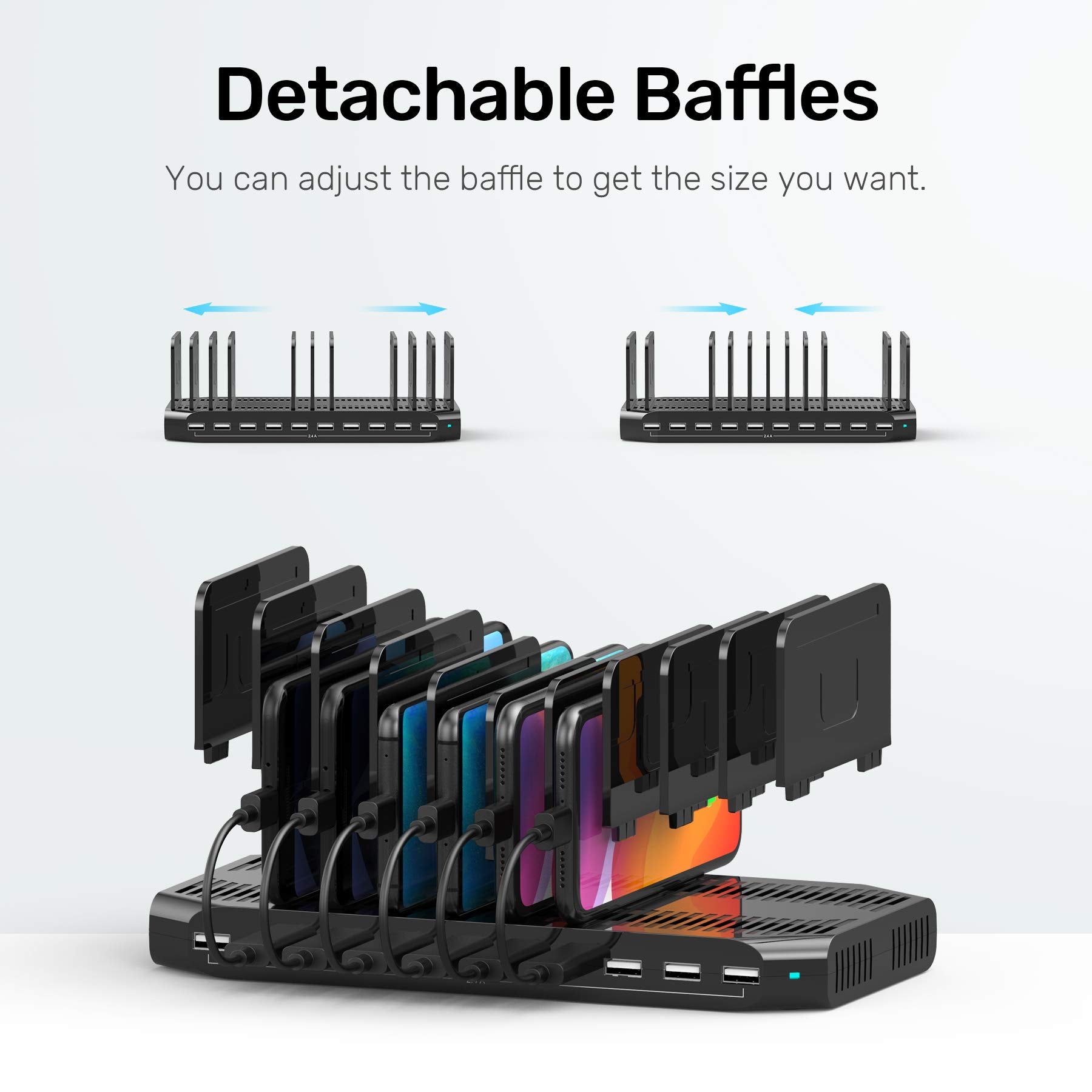 【10PCS】 Unitek Multi Charging Station, 10-Port USB Charger for Multiple Device with SmartIC Tech and Adjustable Dividers, Organizer Stand Compatible with iPad, Tablet, Kindle, iPhone - 10PCS, Black