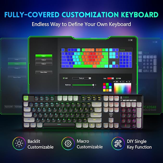 RisoPhy Wireless Gaming Keyboard, Low-Profile 2.4G/USB-C/Bluetooth Mechanical Keyboard with Smooth Red Switches, RGB Backlight/Software/Silent Ergonomic Keyboard for PC/Mac Gamer