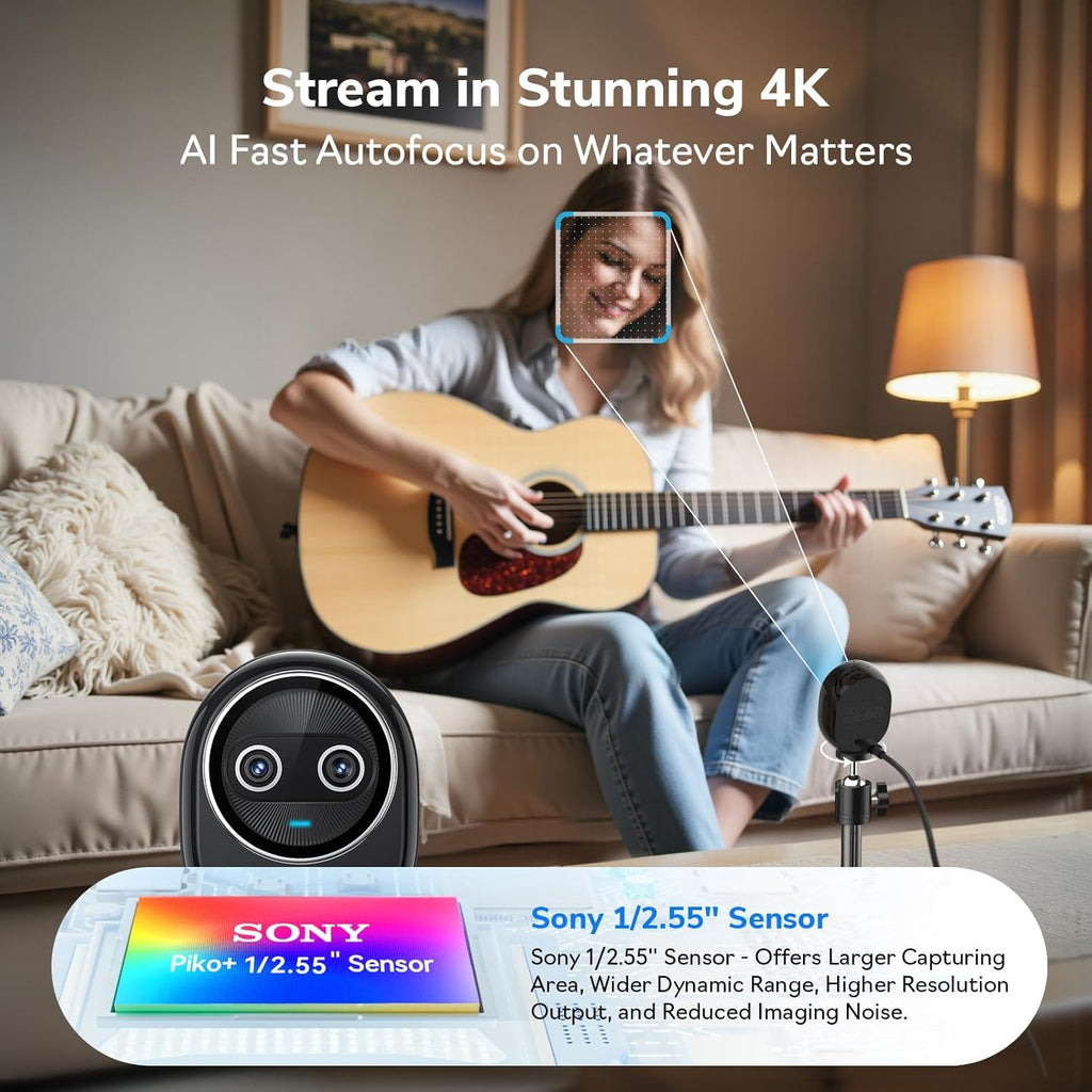 EMEET Piko+ (Piko Plus), World’s 1st Dual-Camera AI-Powered 4K Webcam, 1/2.55'' Sony Sensor, 3 Mics&3 Sound Modes, Panda Magnetic Privacy Cover, USB C-C&C-A, Ideal for Livestreamers