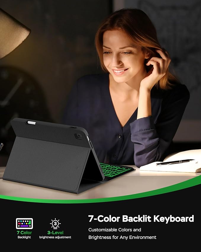 Keyboard Case for iPad 9th 8th 7th Generation 10.2" - 7 Colors Backlit Detachable Folio Keyboard Cover with Pencil Holder for iPad Pro 10.5" / iPad Air 3rd Gen (Black)