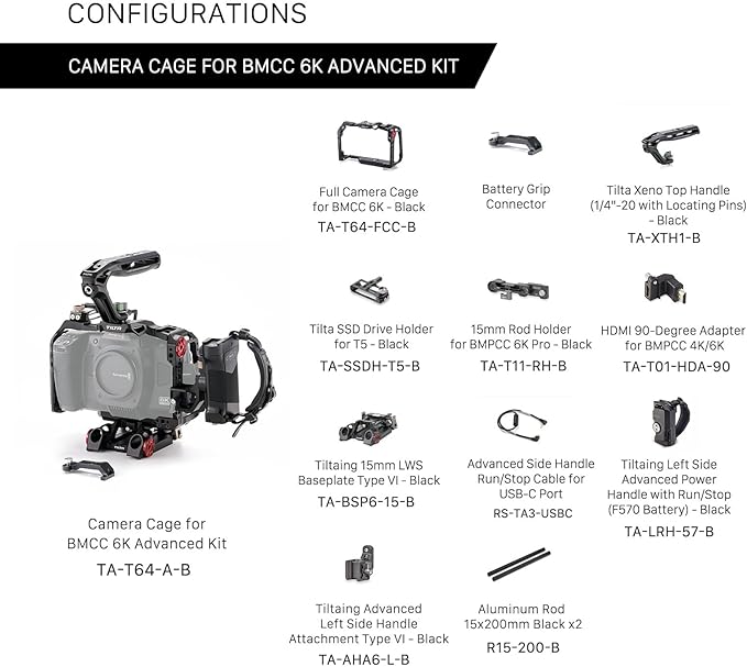 Tilta Advanced Kit for BMCC 6K | Includes Full Cage, Top Handle, Adv. Side Handle, Baseplate, and More | Compatible with Black Magic Design Cinema Camera 6K | Cold Shoe/Arri Rosette/NATO Rail