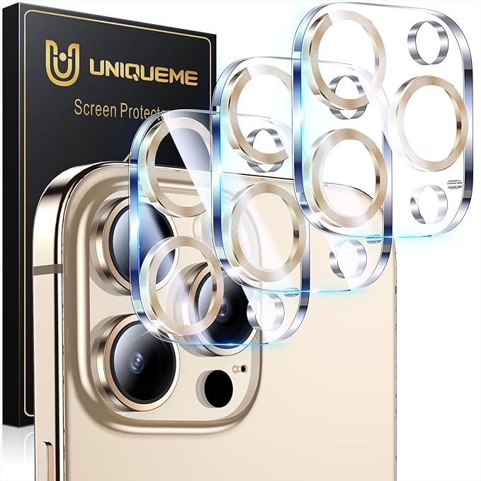 UniqueMe for 3 Pack iPhone 16 Pro/iPhone 16 Pro Max Camera Lens Protector - [Drop Protection] [Case Friendly] 9H Tempered Glass Camera Cover Screen [Update New Version] - Gold