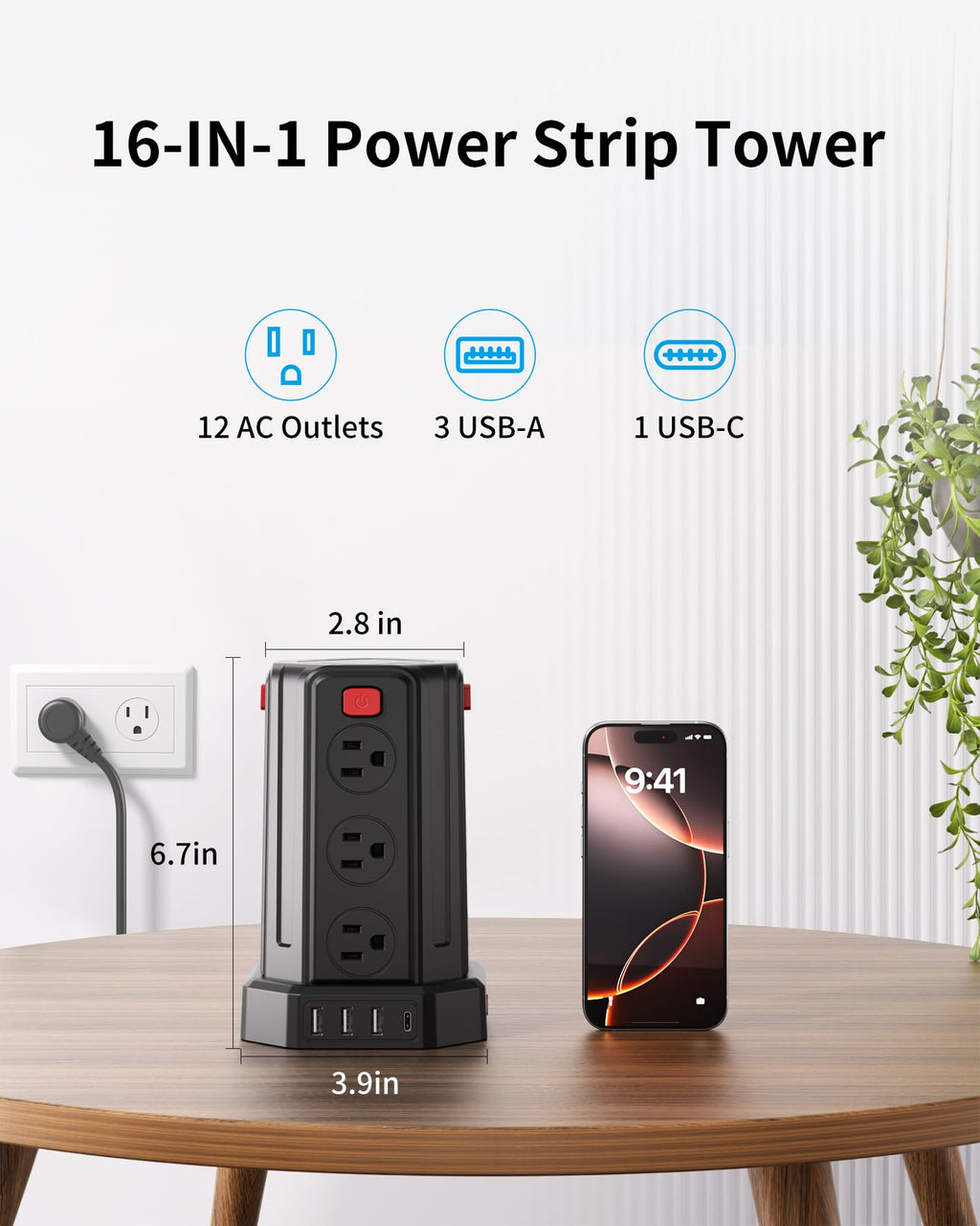Power Strip 6.5 Ft Extension Cord with 12 AC Multiple Outlets 4 USB (1 USB C), SMALLRT Power Strip Tower Desktop Charging Station for Home Office College Dorm Essentials