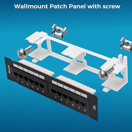 Rapink Patch Panel 12 Port Cat6 10G Support, Network Patch Panel UTP 10-Inch, Wallmount 1U Ethernet Patch Panel Punch Down Block for Cat6, Cat5e, Cat5 Cabling