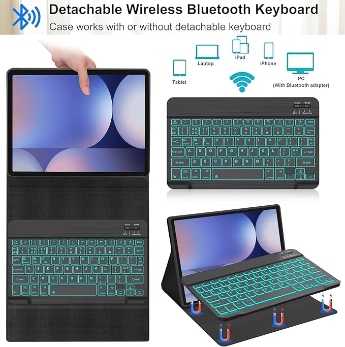 Galaxy Tab S9 FE+/ S9+ /S10+ 12.4 Inch Case with Keyboard, 7-Color Backlit Keyboard with S Pen Holder for Samsung Tab S10 Plus/S9FE Plus 5G 12.4" Black