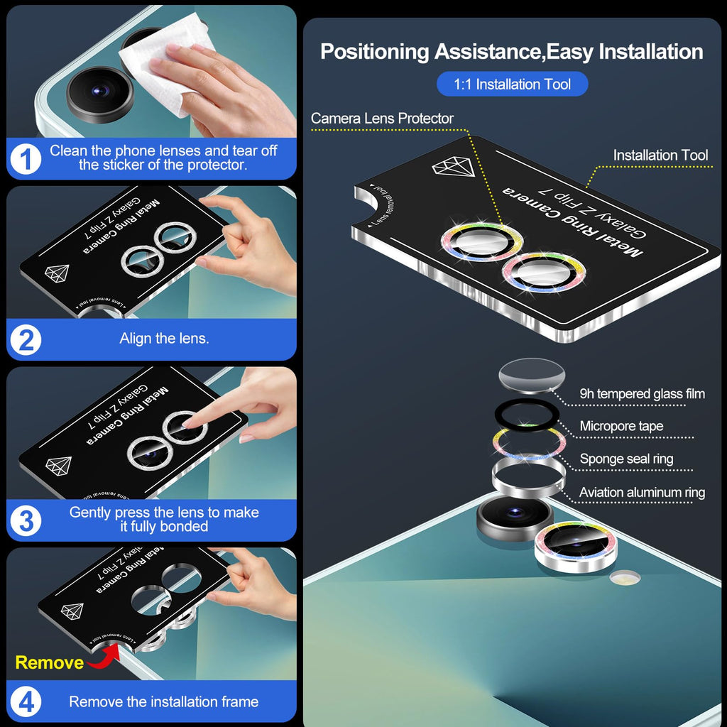 Avocase for Samsung Galaxy Z Flip 7 Camera Lens Protector, Individual Metal Ring Tempered Glass Lens Cover, [Strong Adsorption] Scratch Resistant Ultra-Thin HD Clear Lens Cover, 1 Set-Colorful Sparkly
