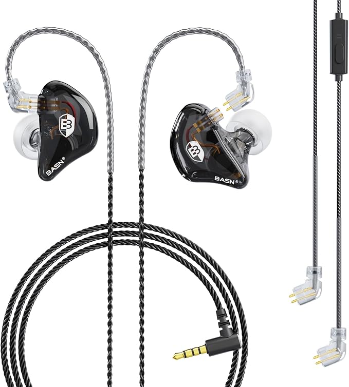 BASN Bsinger Professional in Ear Monitor Headphones, Dual Drivers 2-Pin IEM Earbuds with Mic, Clear Sound HiFi Earphones for Musicians Drummers and Stage (Black, 2-Pin)