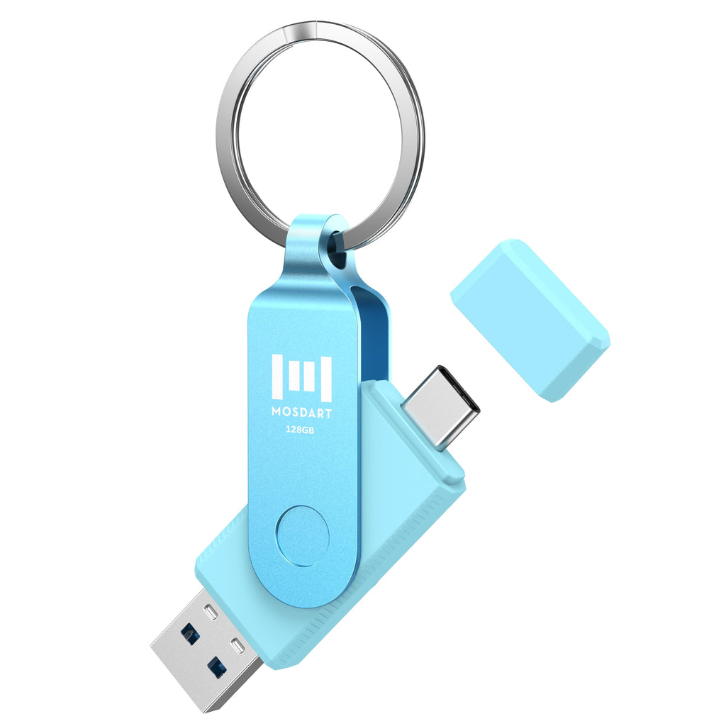 MOSDART 128GB USB C and A 3.2 150MB/s Dual Flash Drive with Keychain, Blue