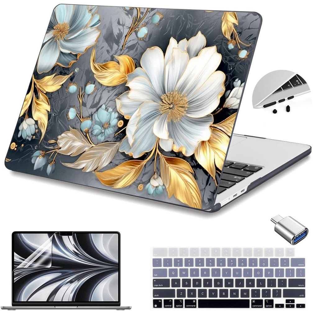 Teryeefi Compatible for 2022-2025 2026 MacBook Air 13.6 inch Case M5 A3449/M4 A3240/M3 A3113/ M2 A2681, Flowers Hard Shell Case&Keyboard Cover&Type C Adapter, Modern Abstract Art