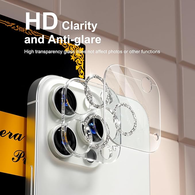 beuxece for 6 Pack iPhone 16 Pro/iPhone 16 Pro Max Camera Lens Protector [Drop Protection] [Case Friendly] [Easy Installation] 9H Tempered Glass Camera Screen Protector Cover, Glitter Silver