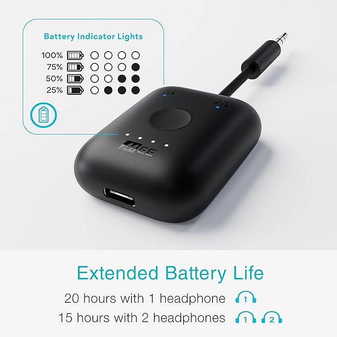 MEE audio Connect Air (2 PACK) in-Flight Bluetooth Wireless Audio Transmitter Adapter for up to 2 AirPods/Other Headphones; Works with All 3.5mm Aux Jacks on Airplanes, Gym, TVs, & Gaming, Black&White