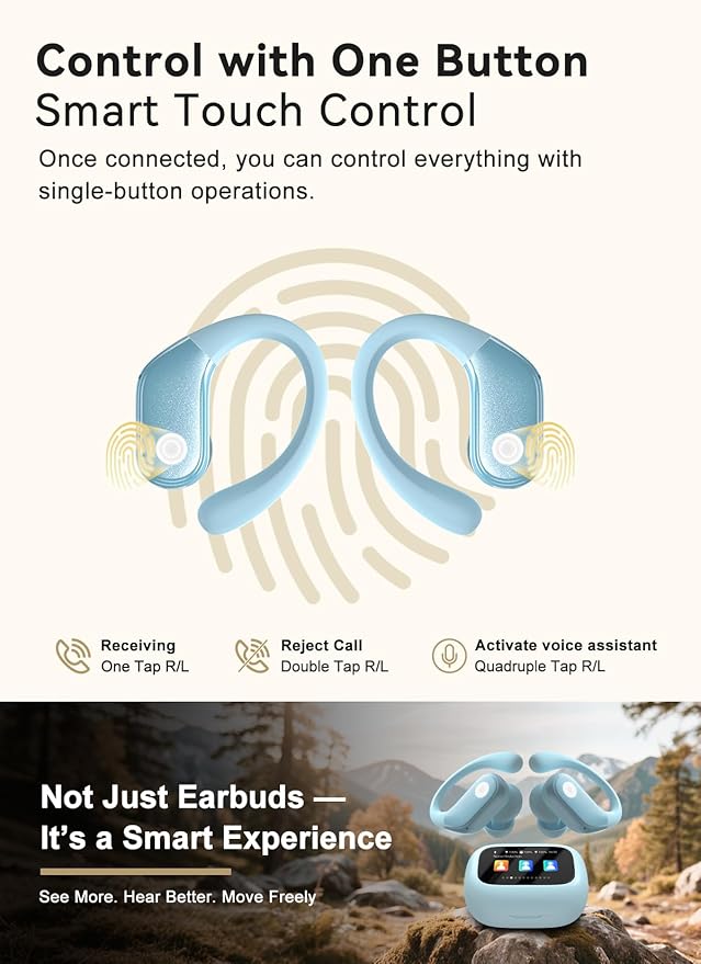 Wireless Earbuds, ANC Noise Cancelling Sport Ear Buds with Multifunctional Touch Screen, Bluetooth 5.4 Headphones, Bass Stereo Sound, 5 EQ Over The Ear Earbuds for Sports/Workout/Gym-Sky Blue