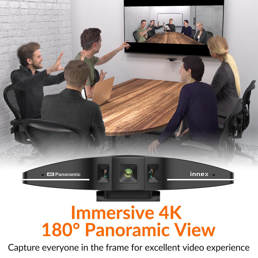 Innex C831 180° Panoramic 4K Wide Angle Webcam with Microphone, AI Facial Tracking for Windows, Mac, Easy Setup Conference Room Camera with Flexible View Angle for Meeting Room, Huddle Space