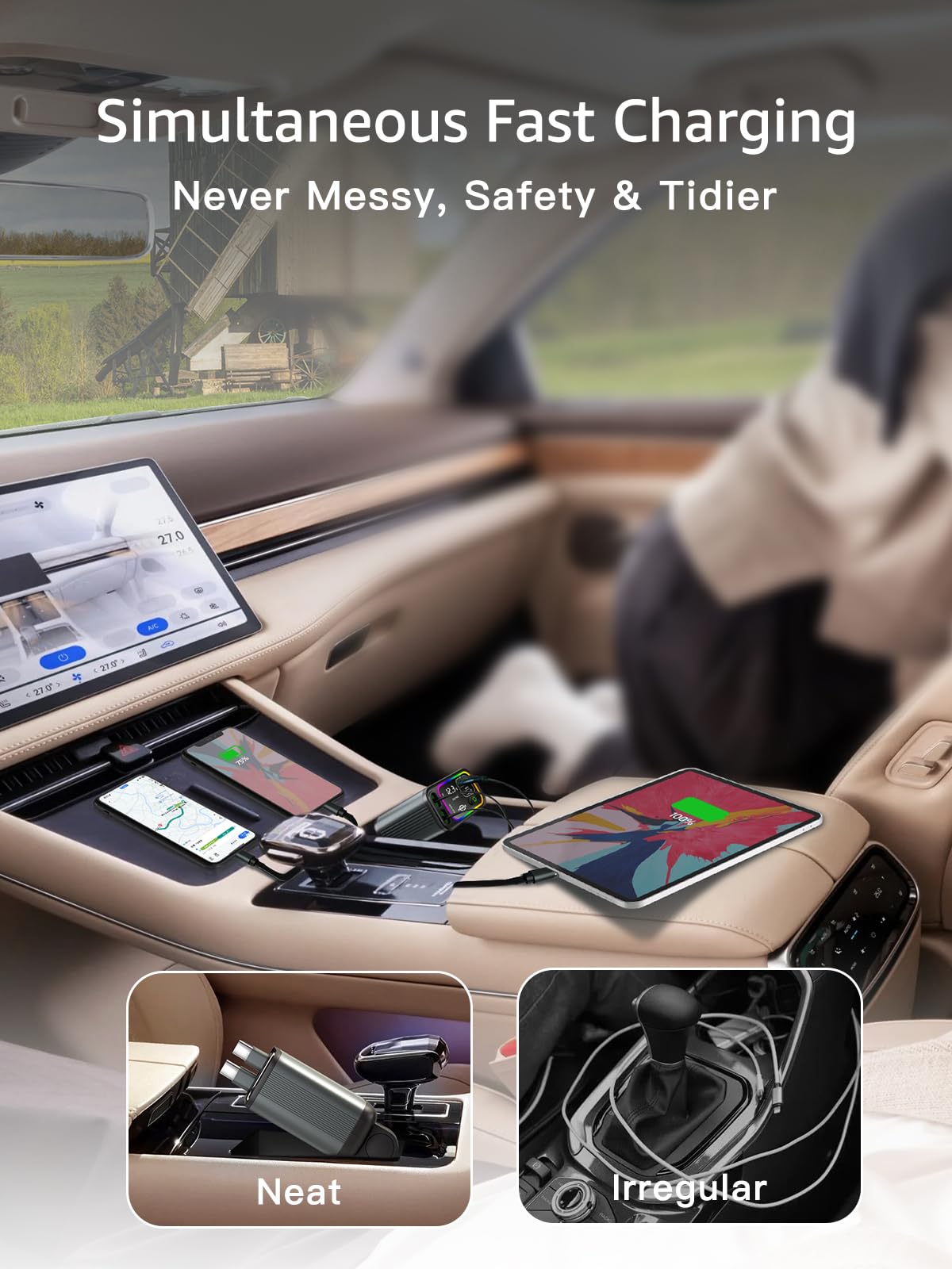 Retractable Car Charger USB C, 145W Max, Dual Cables, Voltage Display & LED