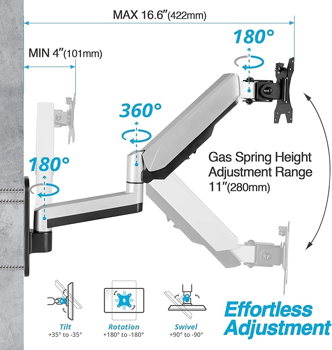 AVLT Single 13"-32" Monitor Wall Mount fits One Flat/Curved Computer Monitor Full Motion Height Swivel Tilt Rotation Adjustable Monitor Arm - VESA/Cable Management
