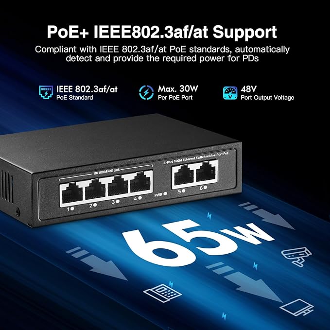 6 Port Mini PoE Switch with 4 PoE+, 2 Uplink, 10/100Mbps Ethernet, 65W 802.3af/at PoE, Fanless Metal Plug & Play PoE+ YuLinca Network Switch