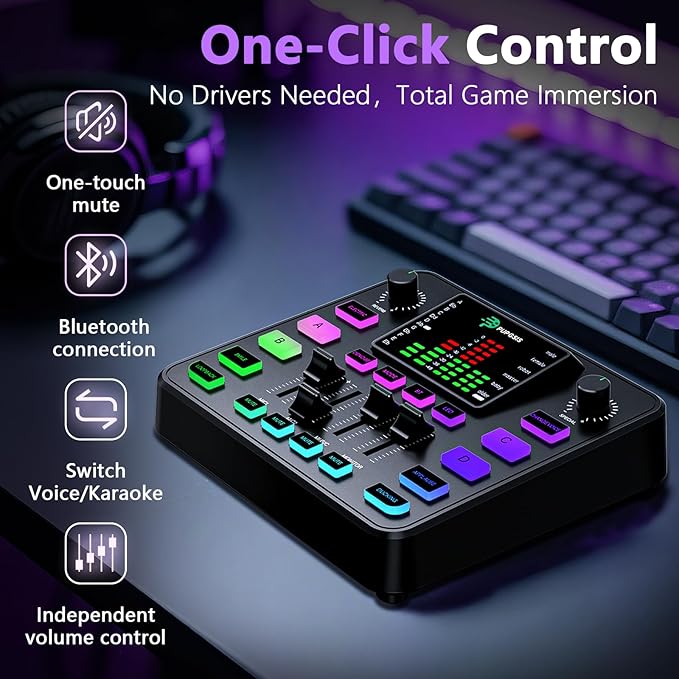 Pupgsis Gaming Audio Mixer, Audio Interface, Sound Board With Pro-Preamp, Noise Cancellation, RGB, Bluetooth, Volume Fader For Streaming/Podcasting/Gaming Maonocaster/Content Create, 6.35mm