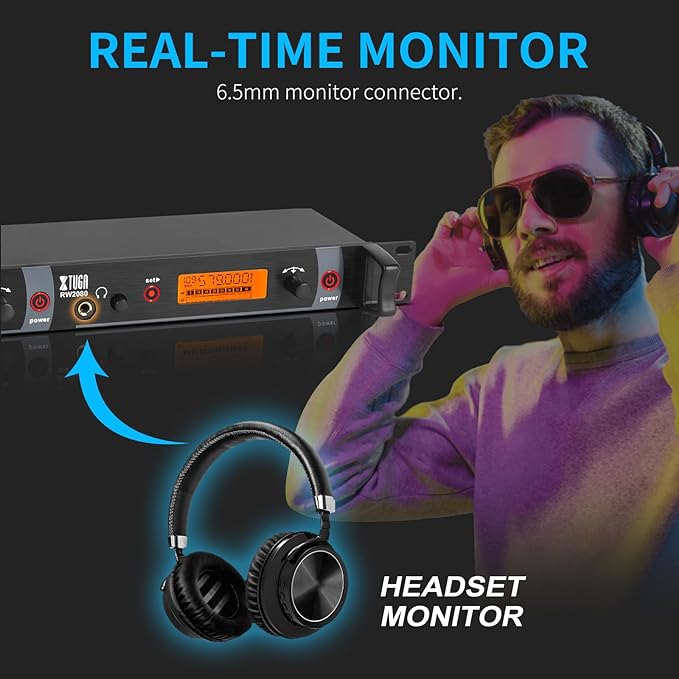 XTUGA RW2080 Wireless in Ear Monitor System 8 Bodypacks UHF IEM System, 2 * 40 Frequencies Mono Design Stage Monitors Earphone, 300Ft for Band, Studio or Musicians, 902-928mhz