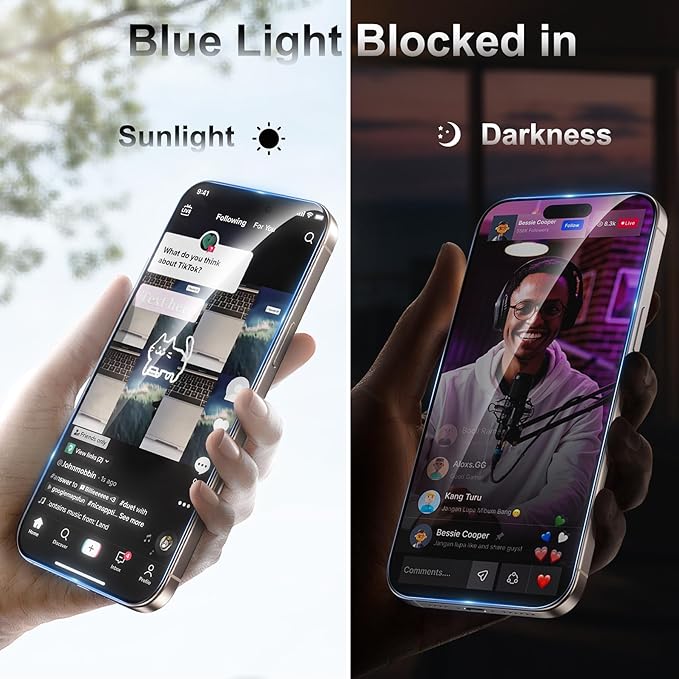 Fotbor [3+3 Pack for iPhone 16 Pro Max Screen Protector, Anti-Blue Light, [Eye Protection] 9H+ Tempered Glass with Camera Lens Protector Anti-Glare