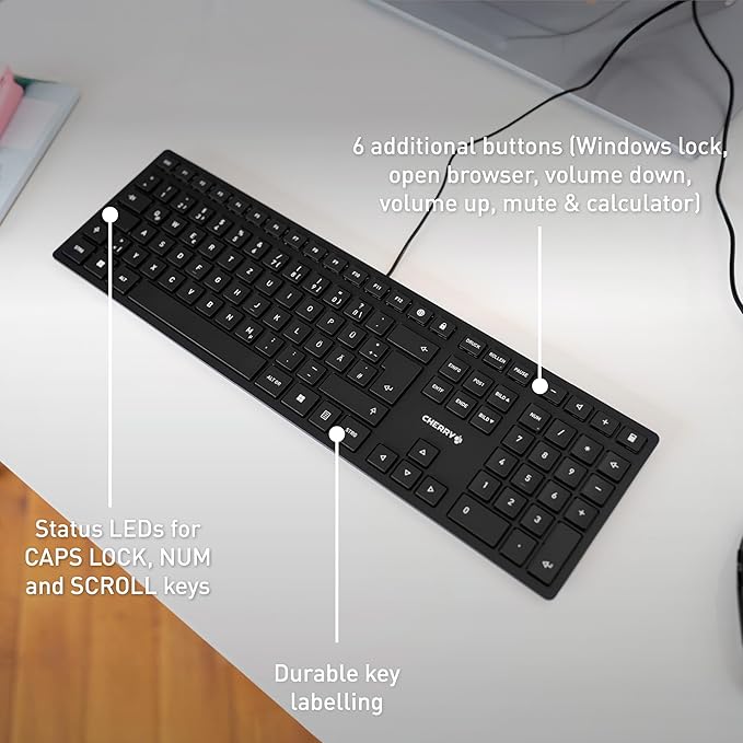 CHERRY KC 6000 Slim Wired USB Keyboard Ultra-Slim Design US Layout for Work or Home Office QWERTY Black
