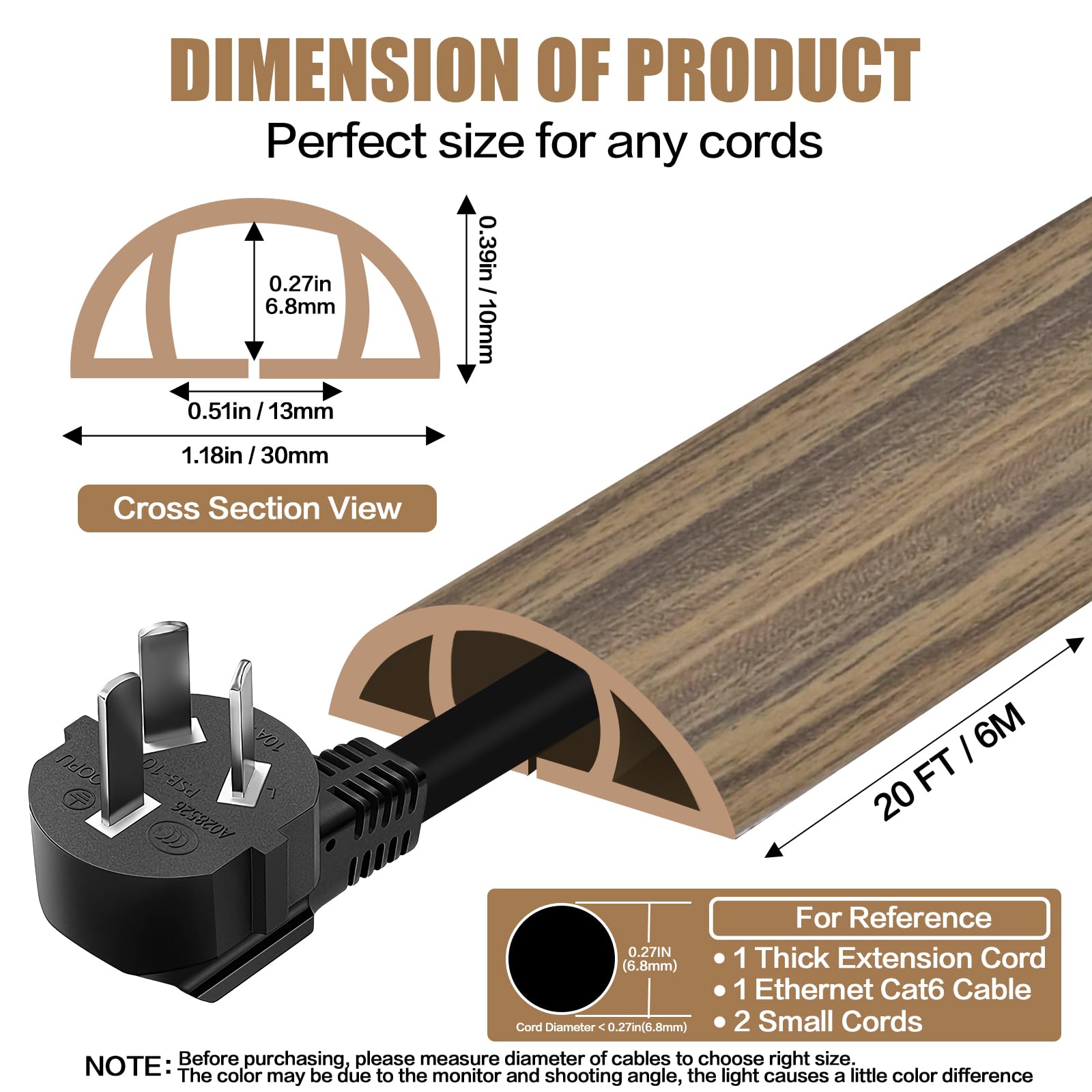 Floor Cord Cover Self Adhesive Cord Hider,20FT Cable Management, Extension Strip Protector for Wires, Prevent Cable Trips for Offices, Gyms, Exhibitions Cavity:0.39"(W) x 0.27"(H) Woodsmokedbrown