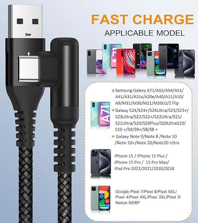 sweguard USB Type C Charger Cable Right Angle [2-Pack,10FT] iPhone 16 Charger Nylon Braided Cord for iPhone 15 16 Pro Max Samsung Galaxy S25 S24 S23 S22 S21 S20 S10 S9 Note A15 A55 Flip Pixel LG Moto