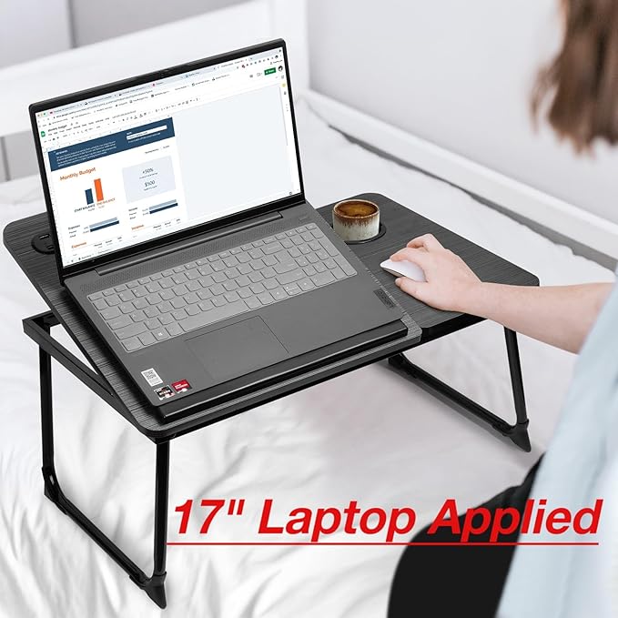 CloudTrip Plus XL Adjustable Laptop Desk with Light, USB Port, iPad Holder, Drawer Storage - Larger 23.6IN Adjustable Lap Desk for Bed, Home Office, Breakfast Tray, Fordable Legs Desk (Black)